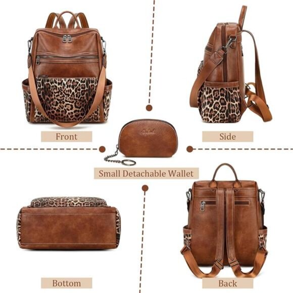 Vegan Leather Backpack for Women Leopard Brown - Picture 6 of 7